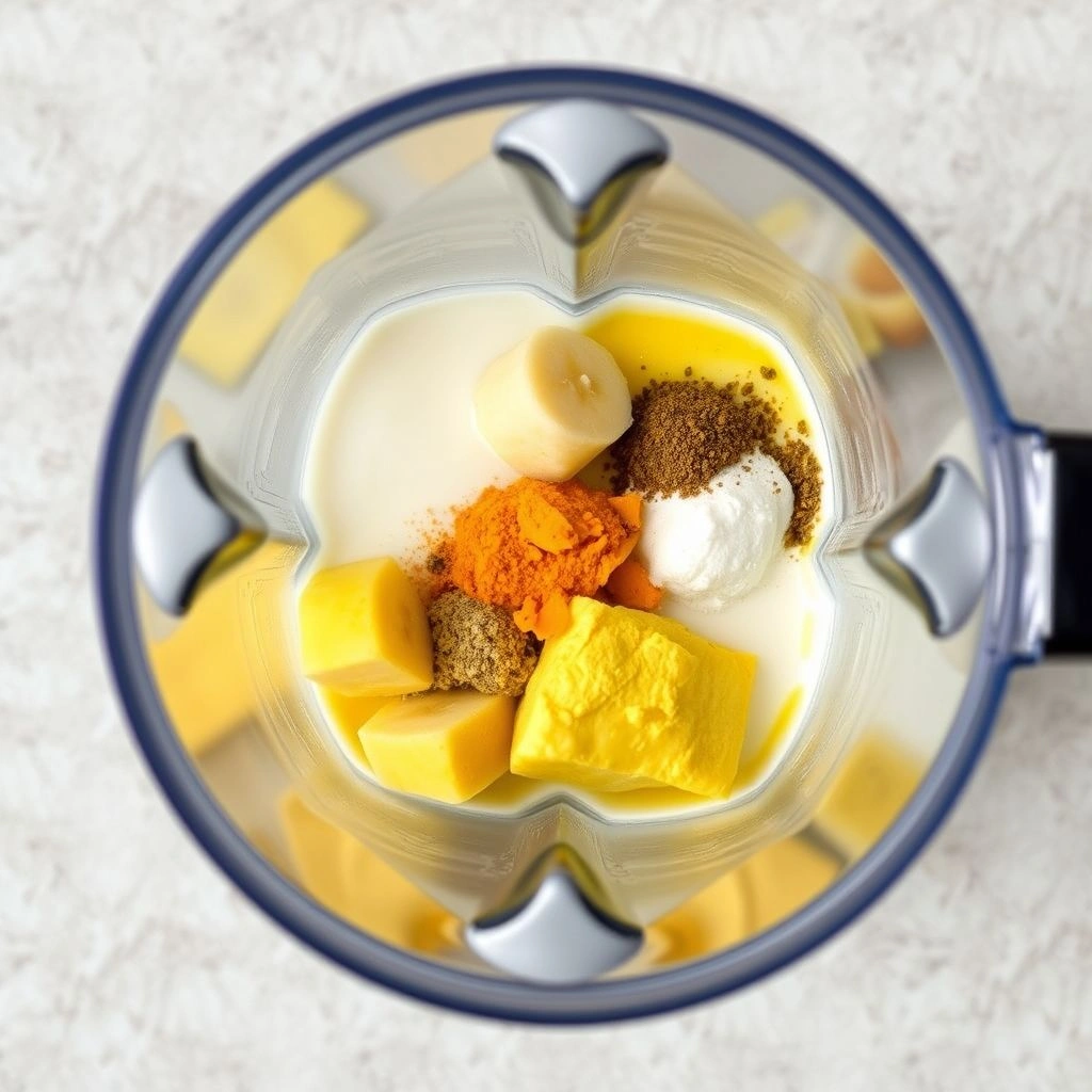 add the pineapple, banana, turmeric, black pepper, ginger, and coconut milk to your blender.