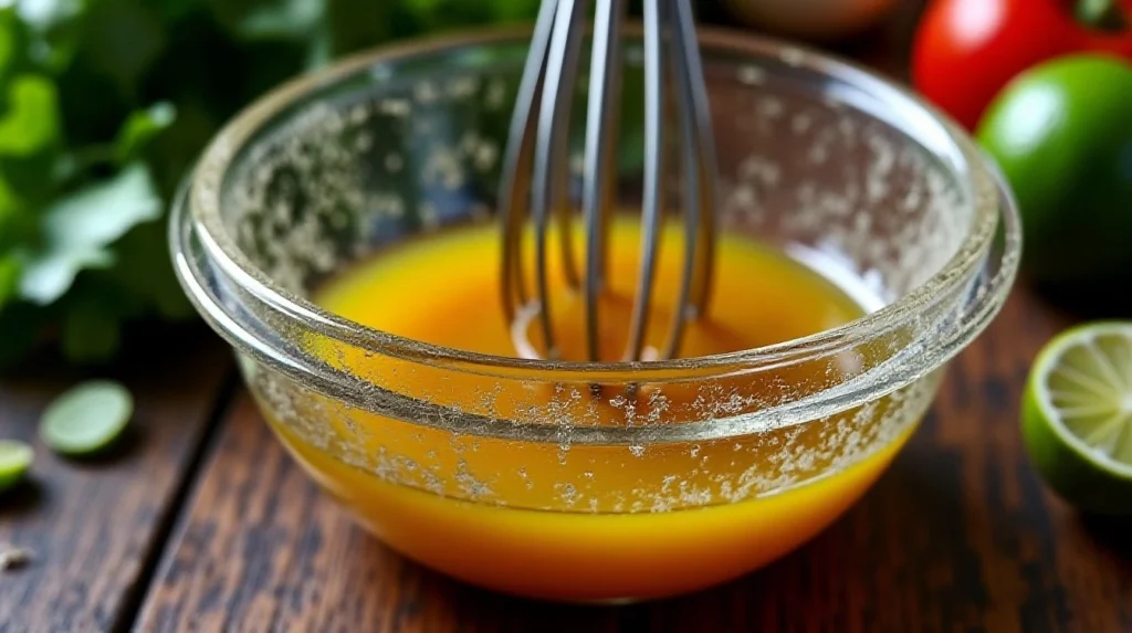 in a small bowl, whisk together the lime juice, olive oil, cumin, salt, and pepper.