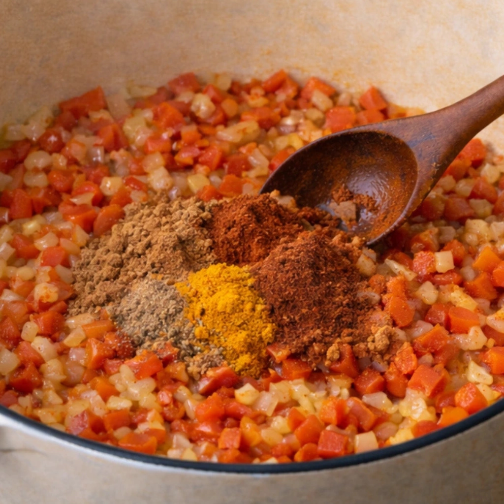 add all the spices (cumin, paprika, turmeric, and cinnamon)
