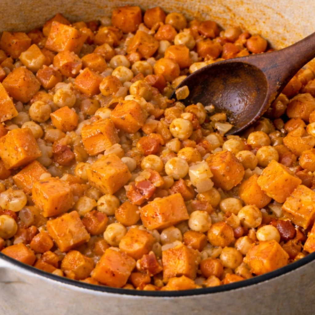 add the sweet potato cubes and chickpeas
