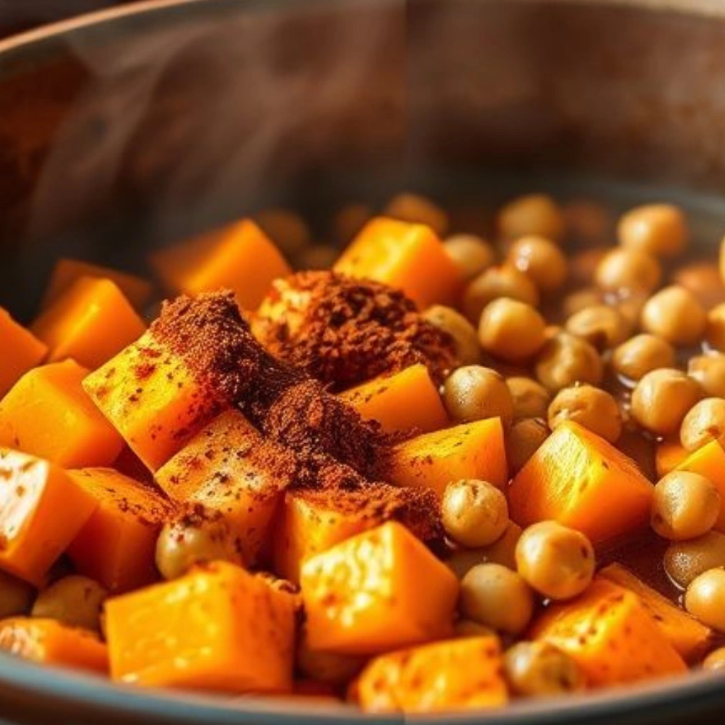 add the sweet potato cubes and chickpeas
