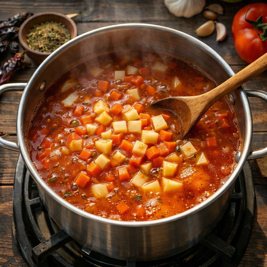 add seafood stock and vegetables