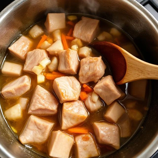 Pork pieces and vegetables being stirred 