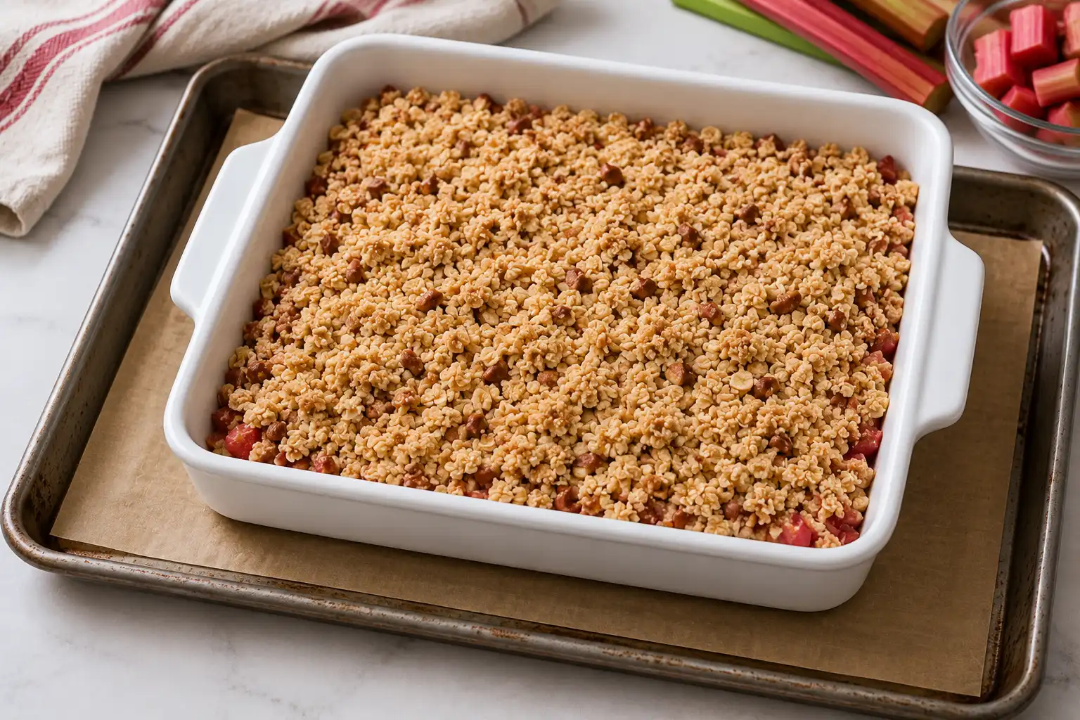 Place the baking dish on a cookie sheet