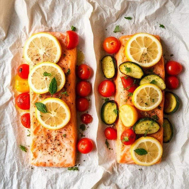 Arrange lemon slices, cherry tomatoes, zucchini, and yellow squash around and on top of each fillet.