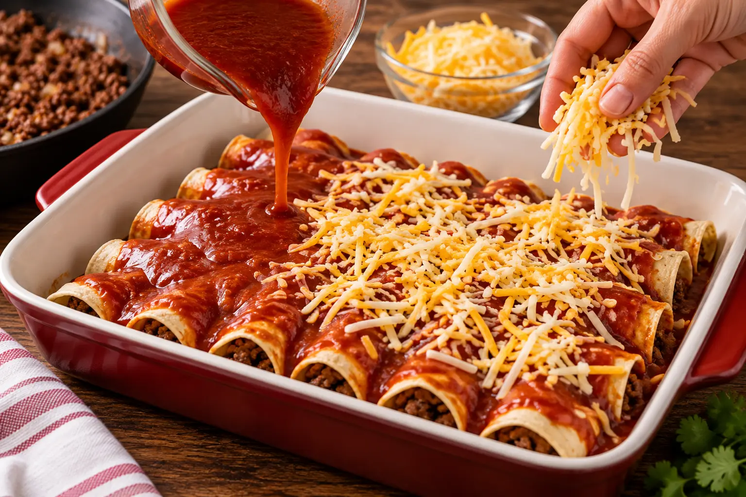 Add the Enchilada Sauce and Cheese